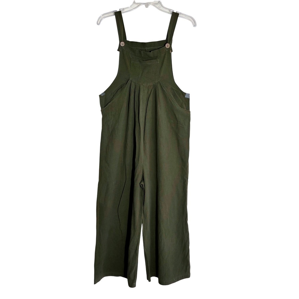 Women's Wide Leg Bib Cropped Jumpsuit Size Medium Olive Green Overalls EUC - Picture 3 of 9